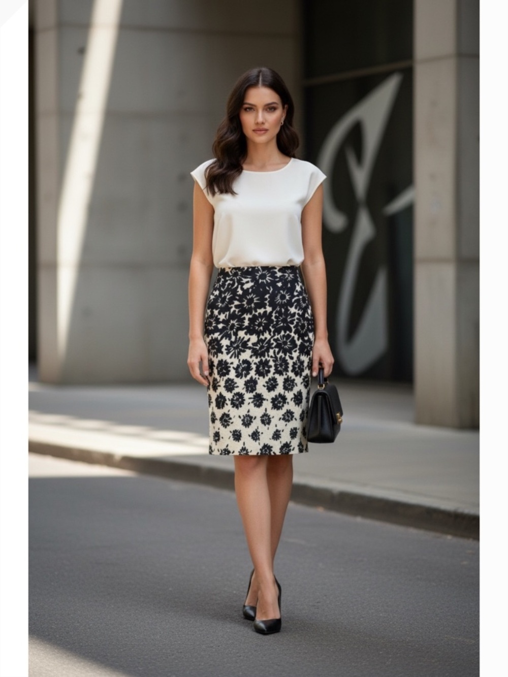 Trisisto Femme Floral Pencil Skirt Navy/Cream Knee Length Lined Size 10
